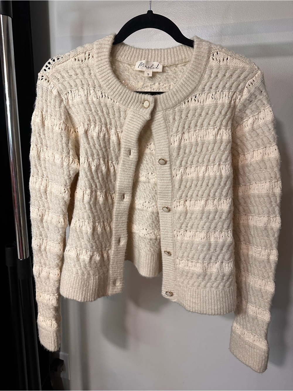 Marled Cream Openwork Knit Button Cardigan
